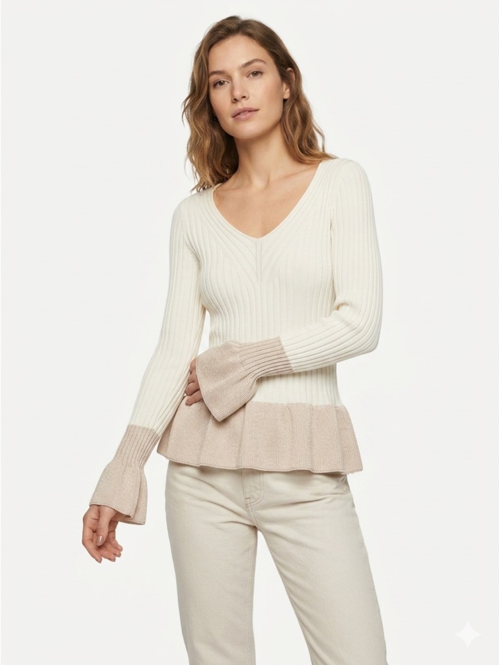 Falconeri Ribbed V-Neck Peplum Sweater Size Small Italian Luxury